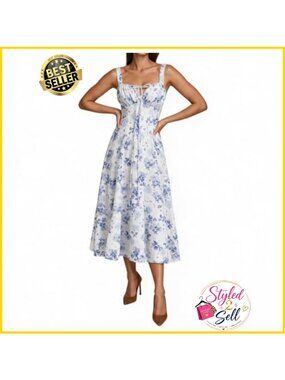 Floral Corset Midi Dress Spaghetti Strap Thigh Slit Vintage Sundress